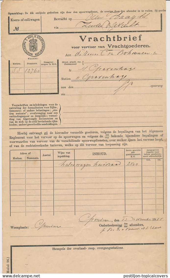 Vrachtbrief Staats Spoorwegen Groningen - Den Haag 1915 - Unclassified