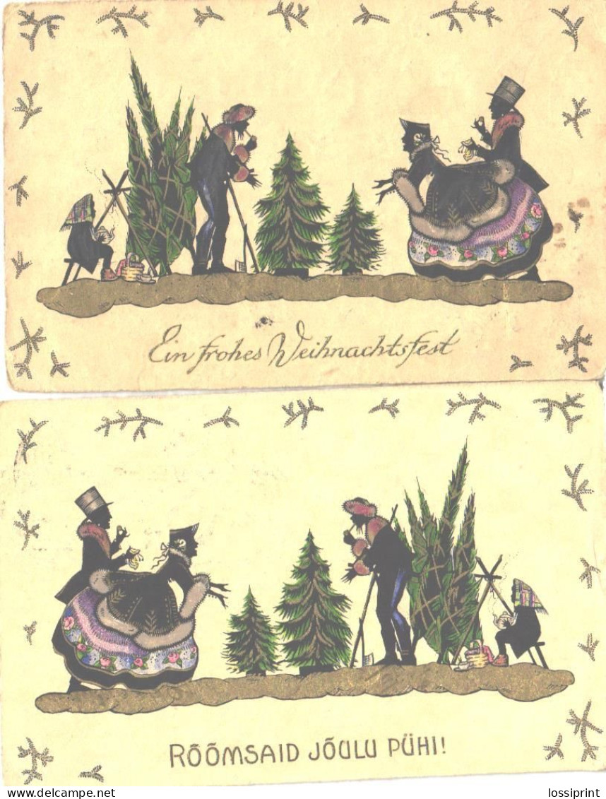 Mirrored Cards, Glamour Men And Ladies At Christmas Time, 2 Cards, Pre 1940 - Silhouettes
