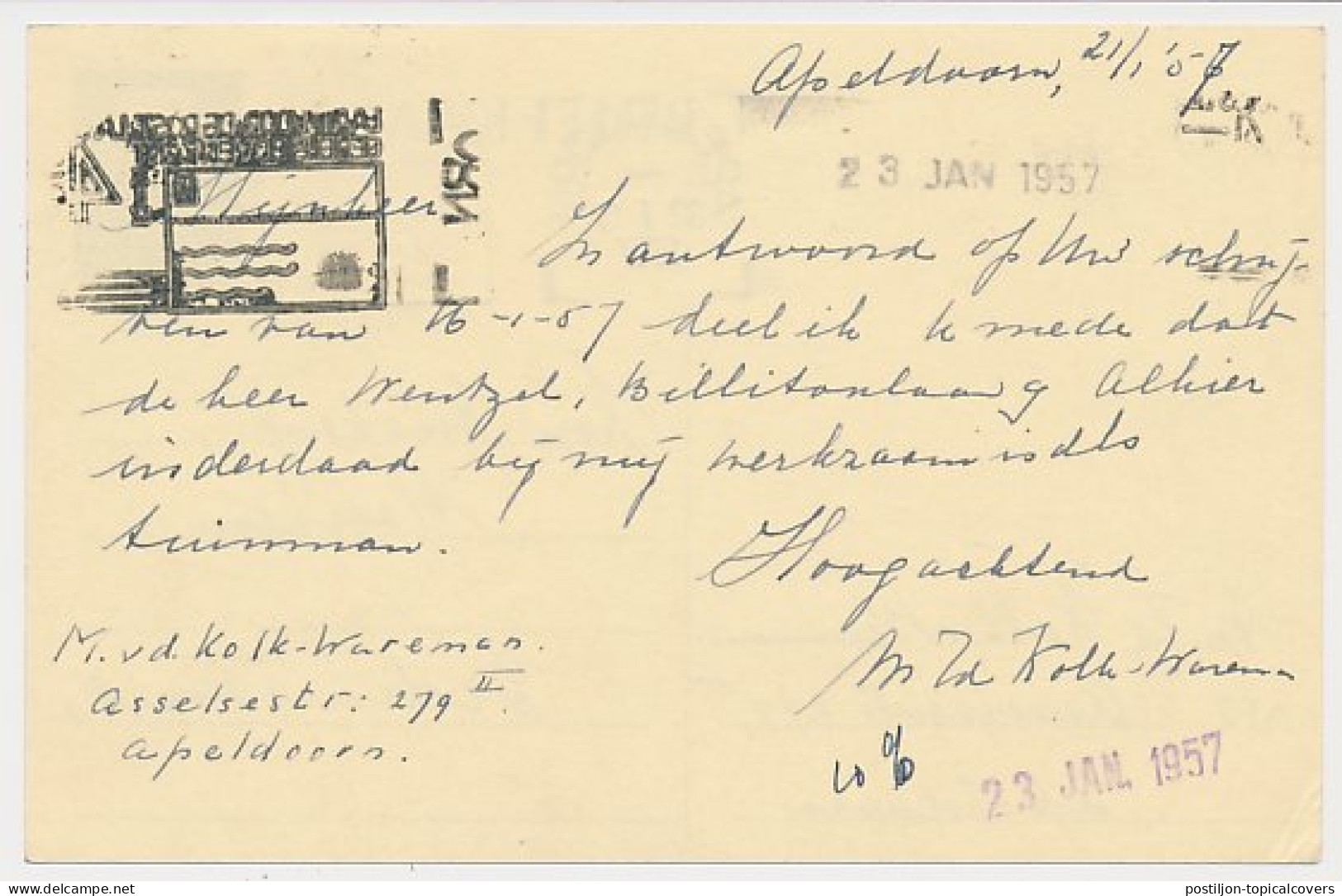 Briefkaart G. 313 / Bijfrankering Apeldoorn - Dedemsvaart 1957 - Postal Stationery