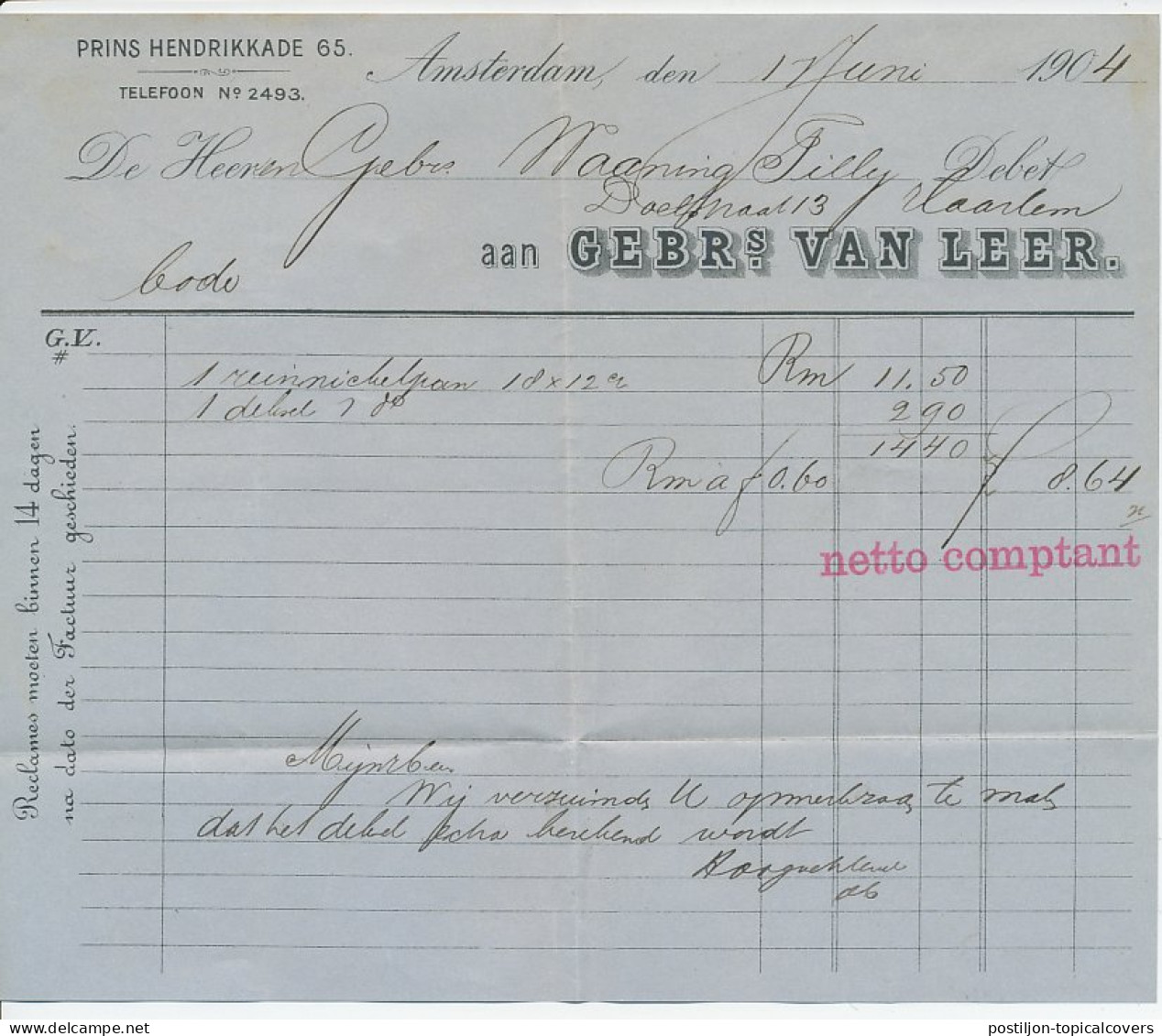 Amsterdam - Haarlem 1904 - Begeleidingsbrief - Ohne Zuordnung