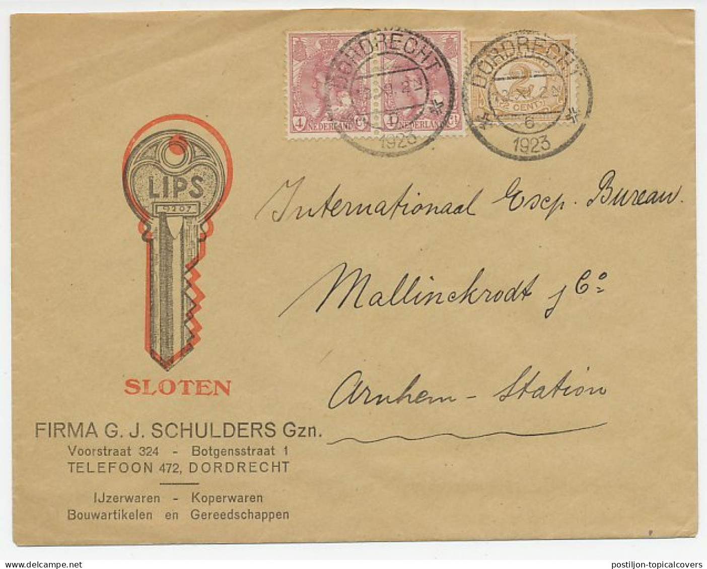 Firma Envelop Dordrecht 1923 - Lips / Sleutel - Ohne Zuordnung