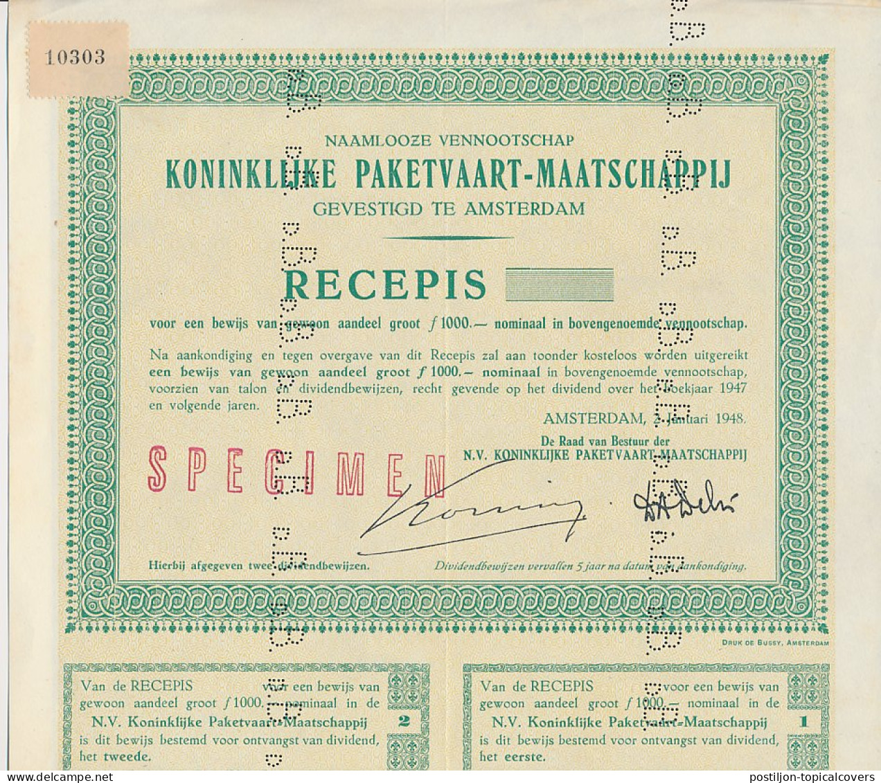 Specimen Recepis Amsterdam 1948 - Perfin D.B. - De Bussy - Non Classés