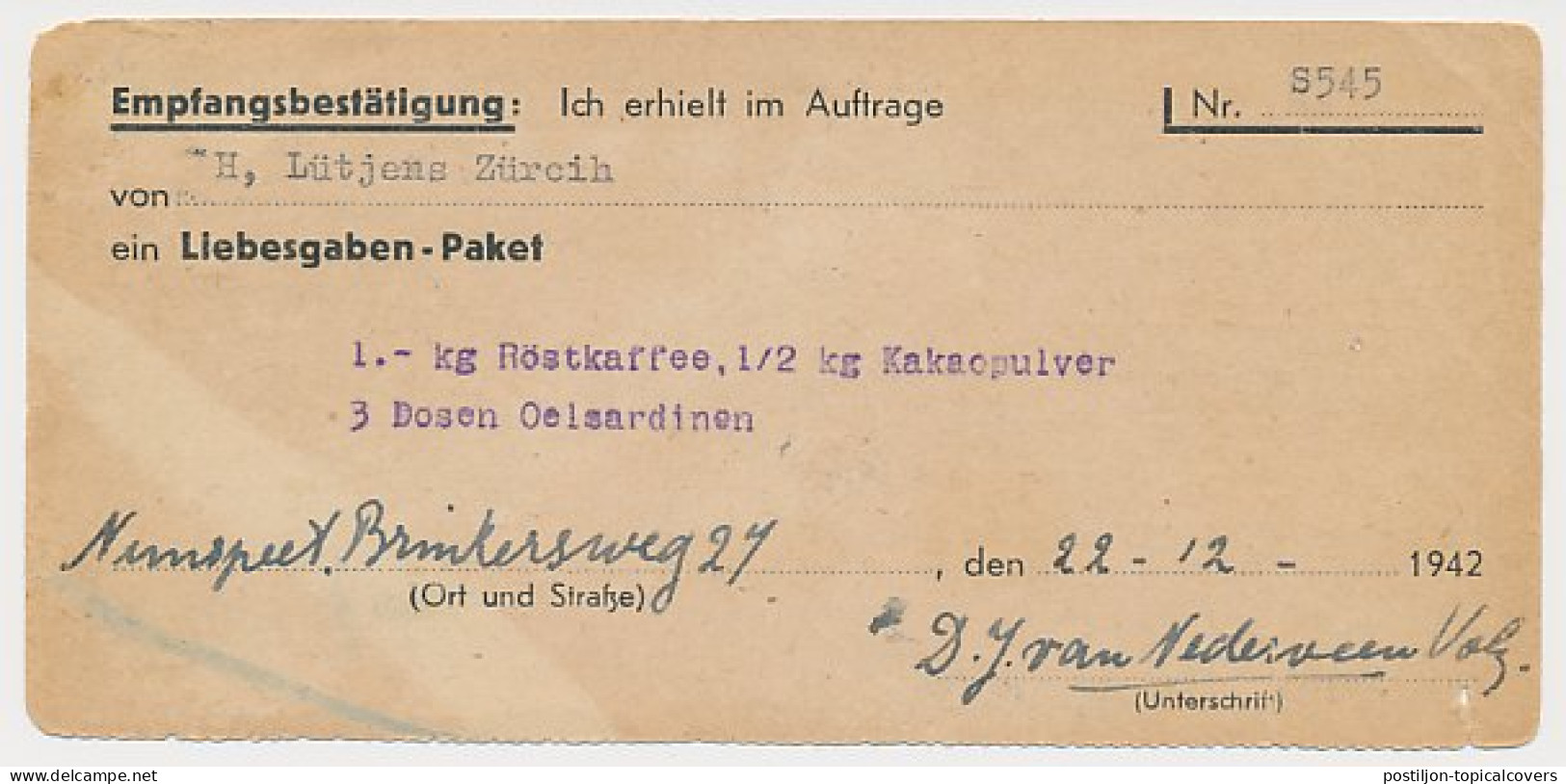 Nunspeet - Hamburg Duitsland 1942 - Liebesgabenpaket - Unclassified
