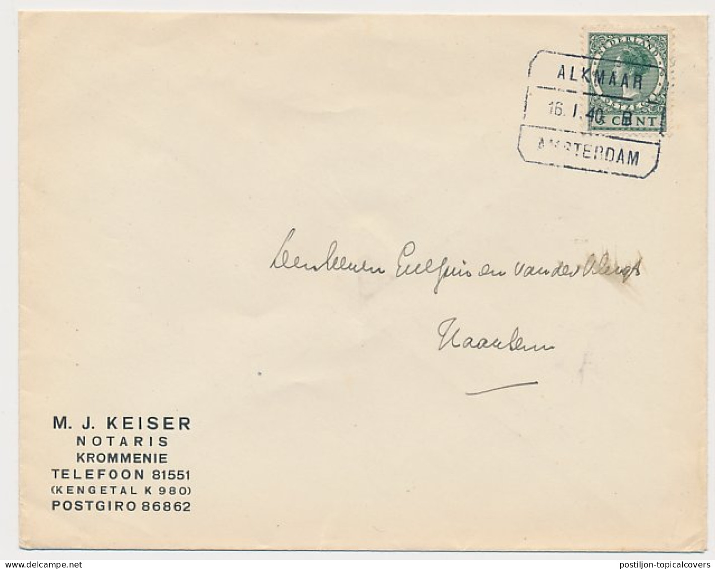Envelop Krommenie 1940 - Notaris - Unclassified