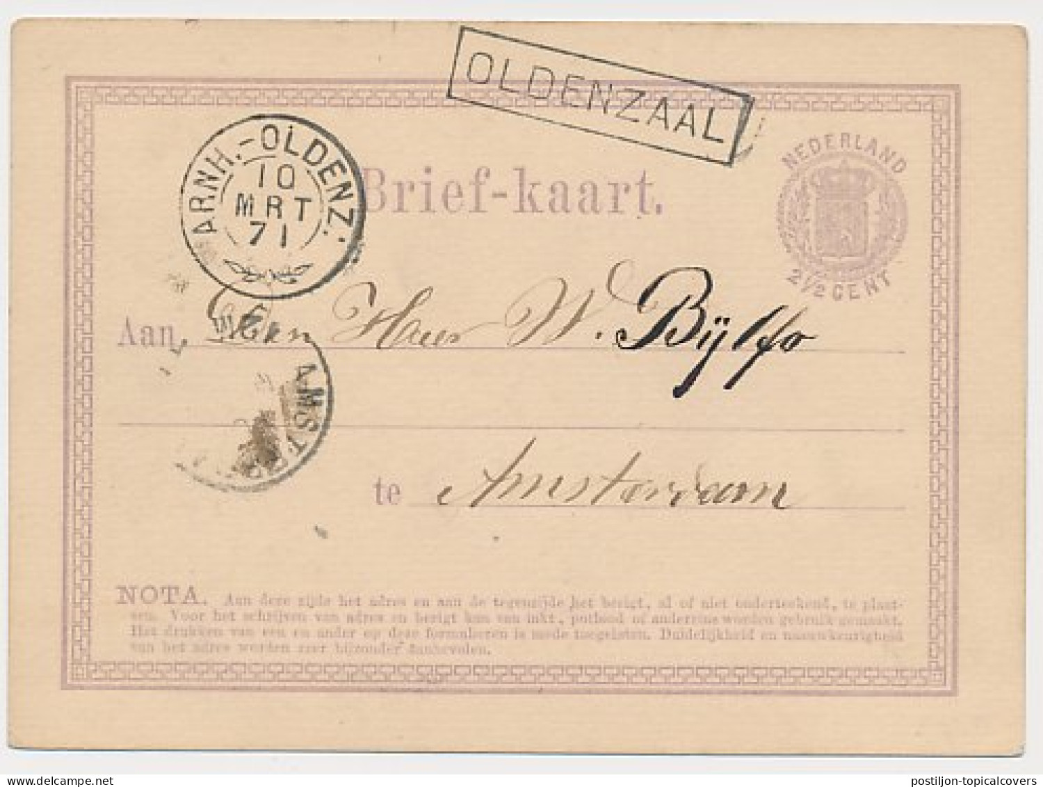 Trein Haltestempel Oldenzaal 1871 - Brieven En Documenten