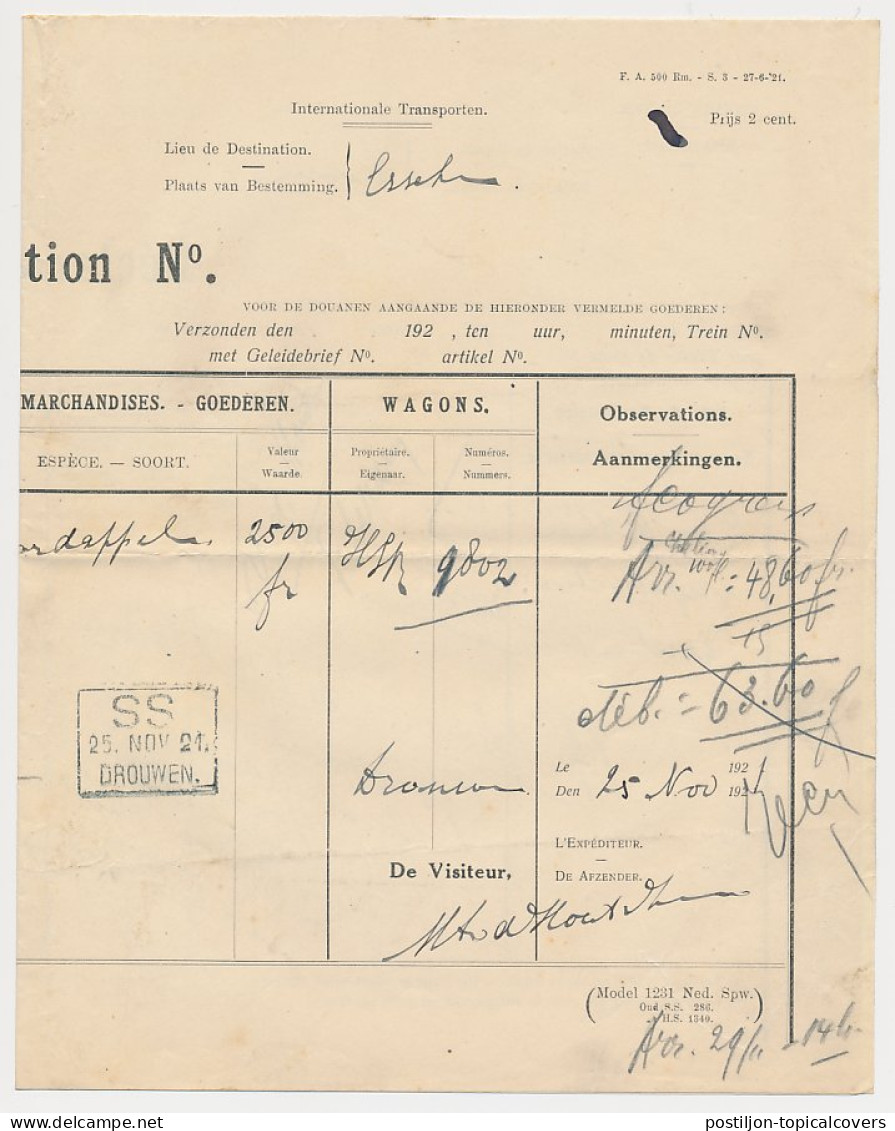 Spoorweg Douane Verklaring S.S. Drouwen - Belgie 1921 - Ohne Zuordnung