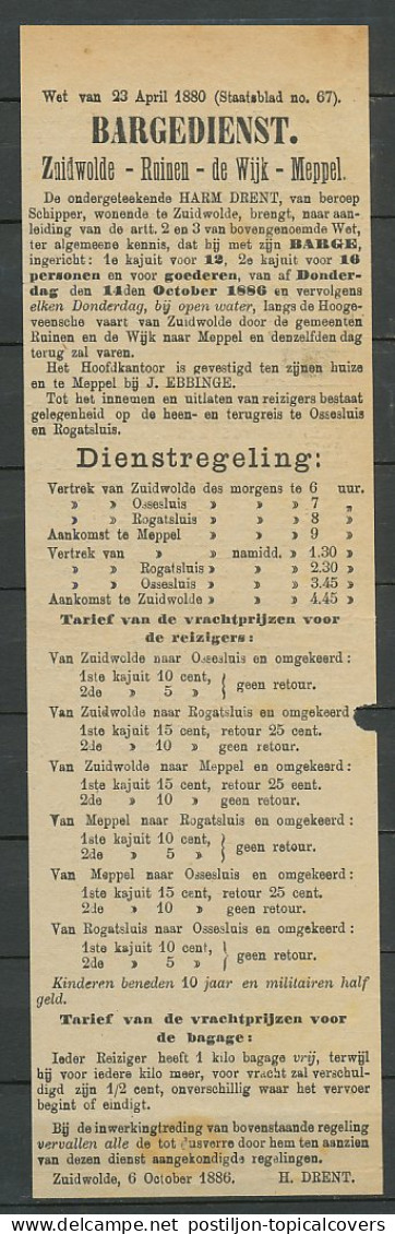 Advertentie 1886 Bargedienst Zuidwolde - Ruinen - Wijk - Meppel - Andere & Zonder Classificatie