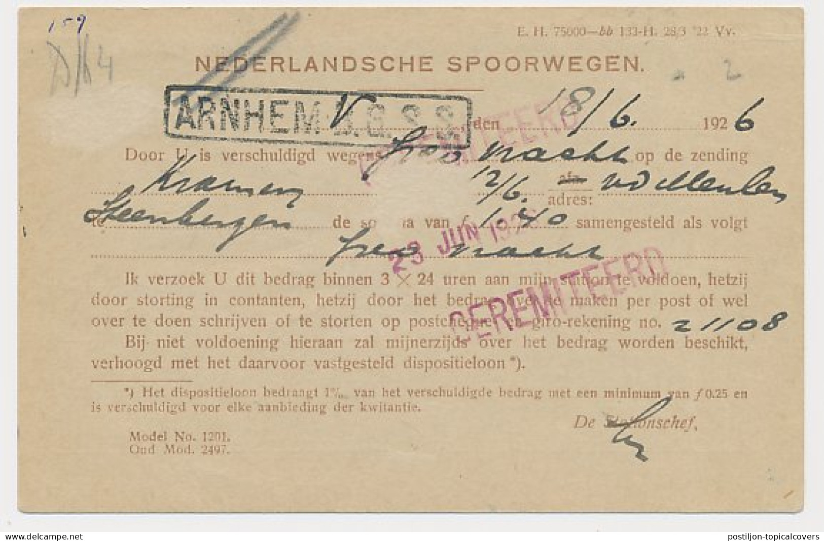 Spoorwegbriefkaart G. PNS191 E - Locaal Te Arnhem 1926 - Entiers Postaux