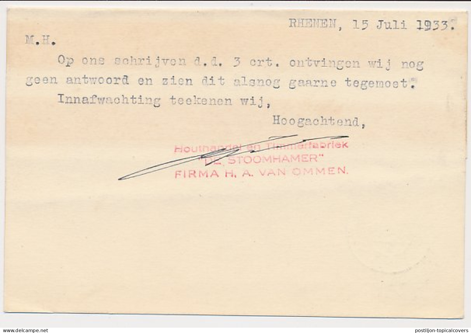 Firma Briefkaart Rhenen 1933 - Timmerfabriek De Stoomhamer - Ohne Zuordnung