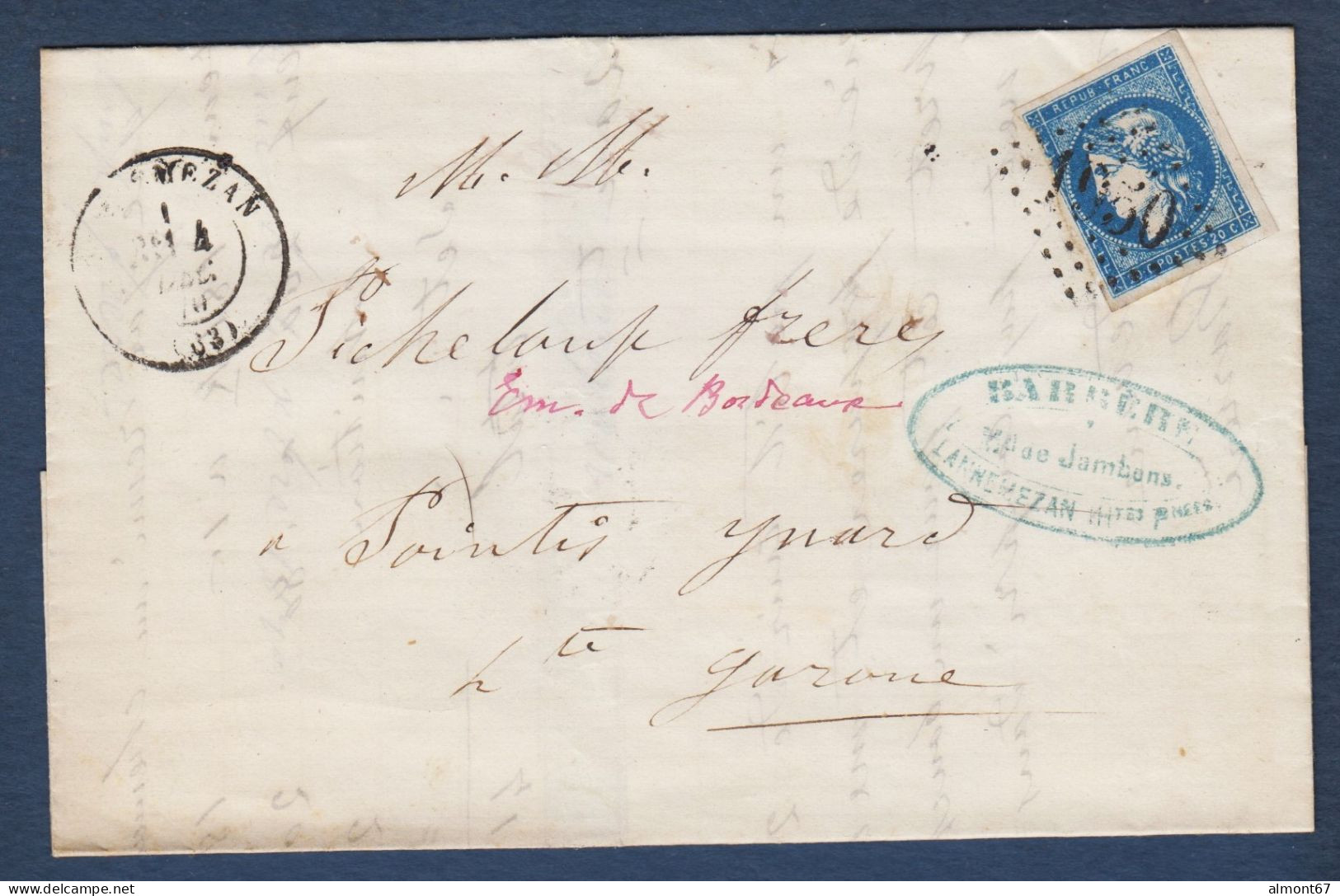 Bordeaux N° 44Ba ( Entamé à Gauche ) Sur Lettre De Lannemezan - Cote 1900 € - 1870 Emission De Bordeaux