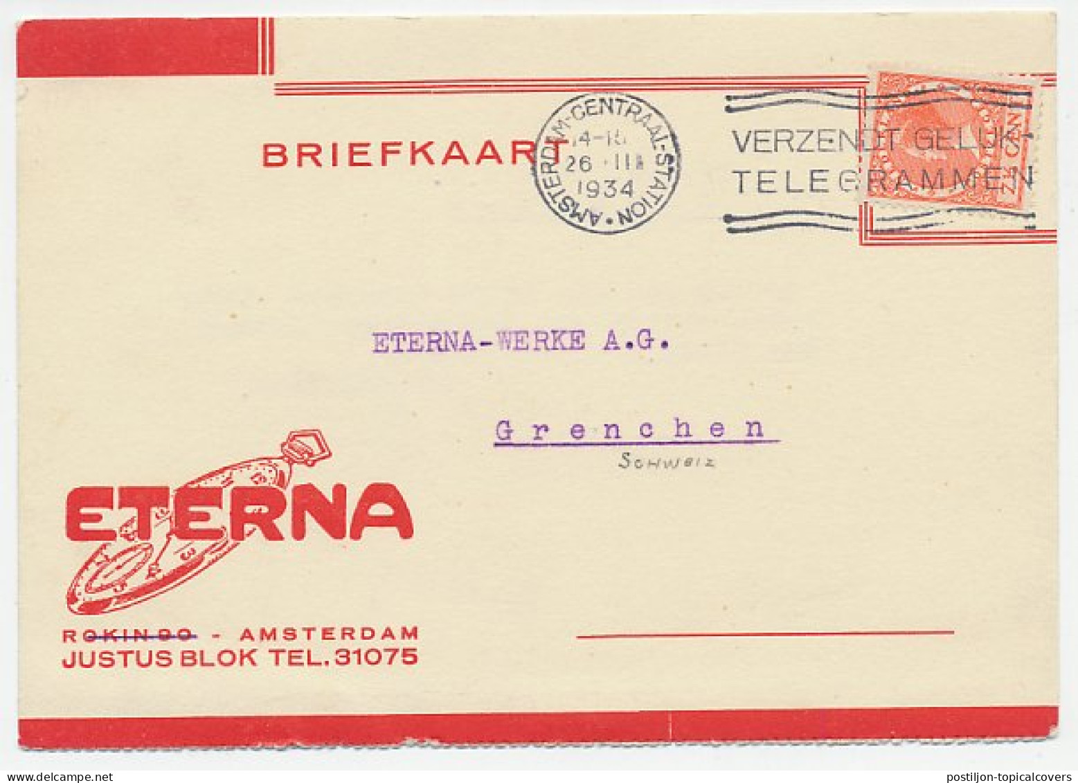 Firma Briefkaart Amsterdam 1934 - Horloge / Eterna - Non Classés