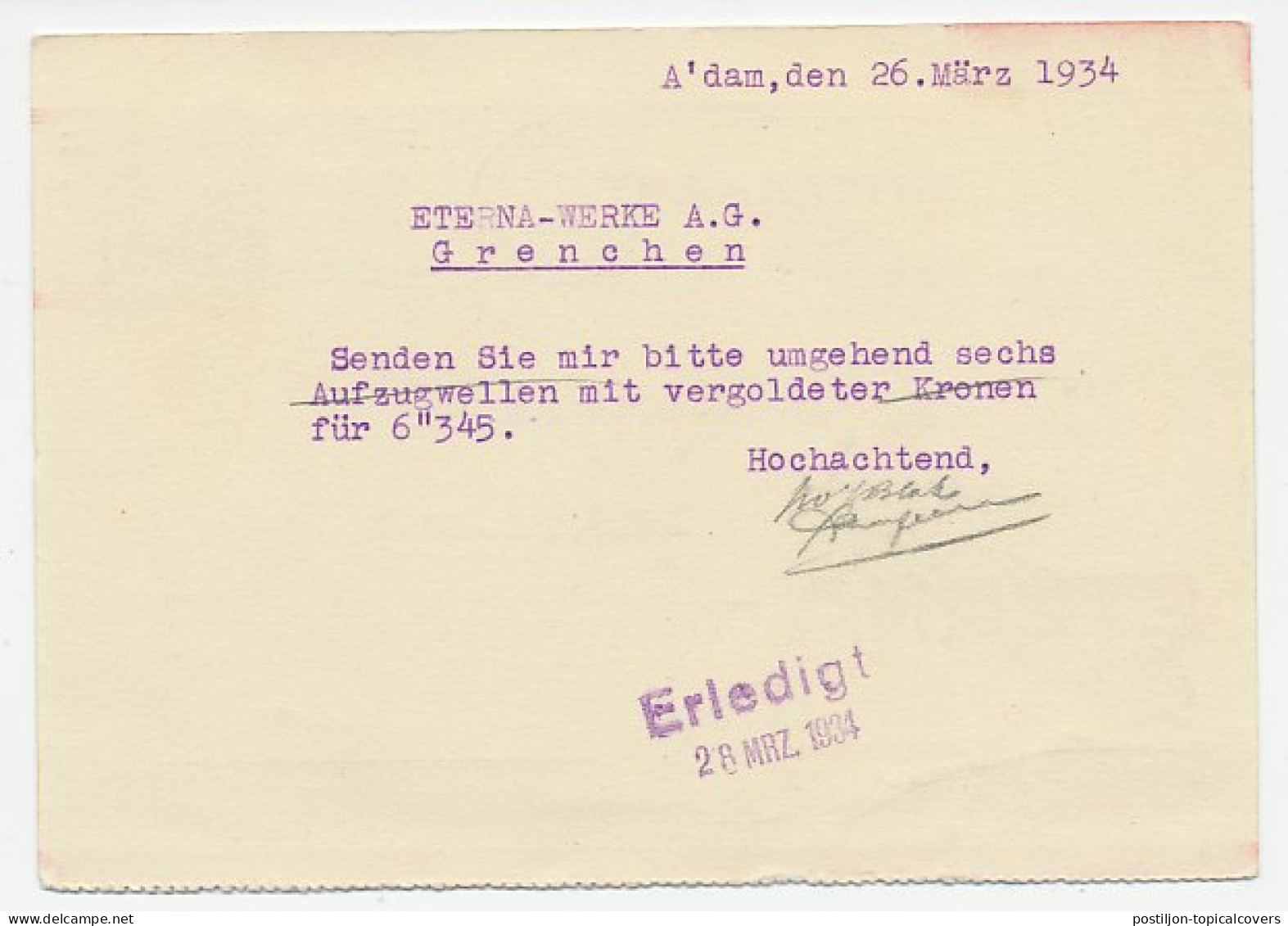 Firma Briefkaart Amsterdam 1934 - Horloge / Eterna - Unclassified