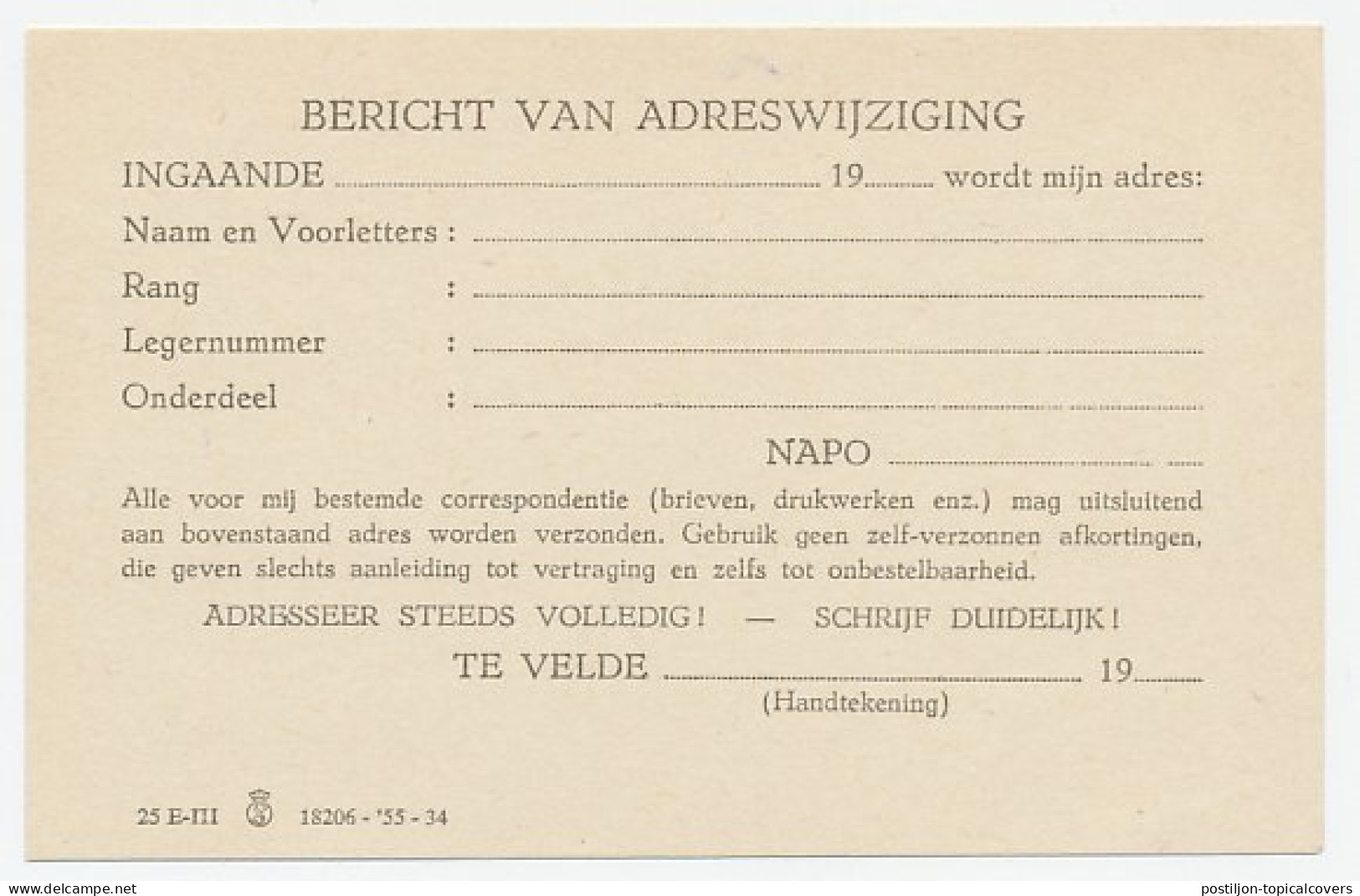 Militair / NAPO Formulier Tot Mededeling Adreswijziging ( 1955 ) - Zonder Classificatie