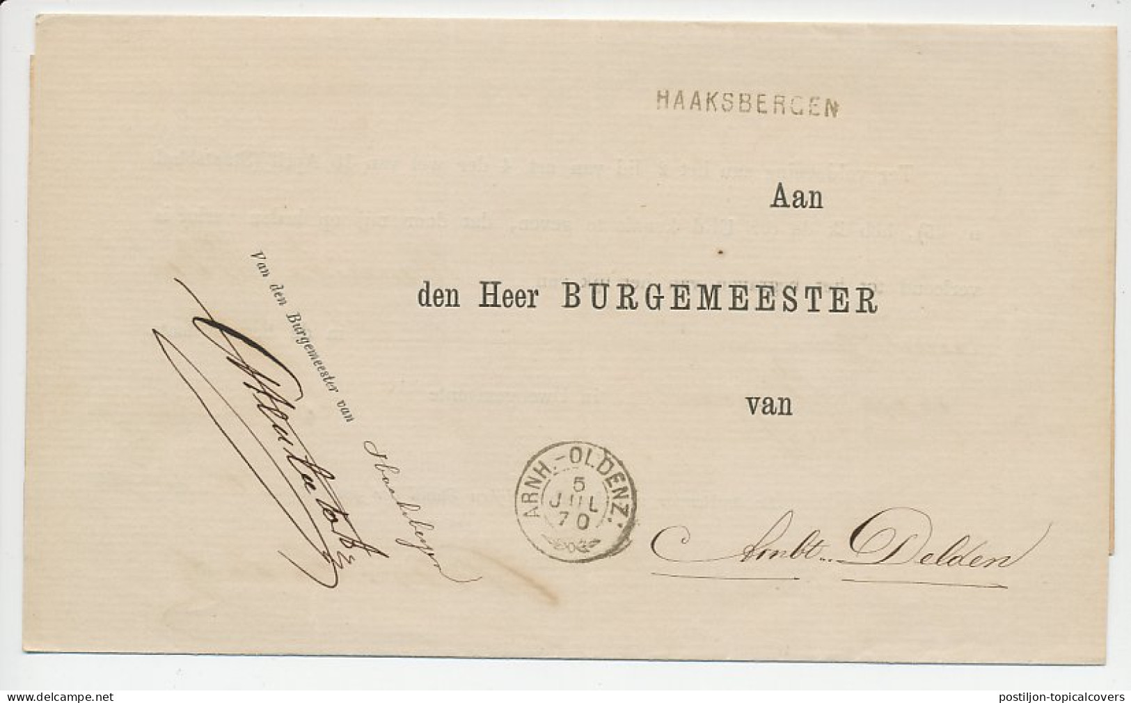 Haaksbergen - Trein Takjestempel Arnhem - Oldenzaal 1870 - Brieven En Documenten