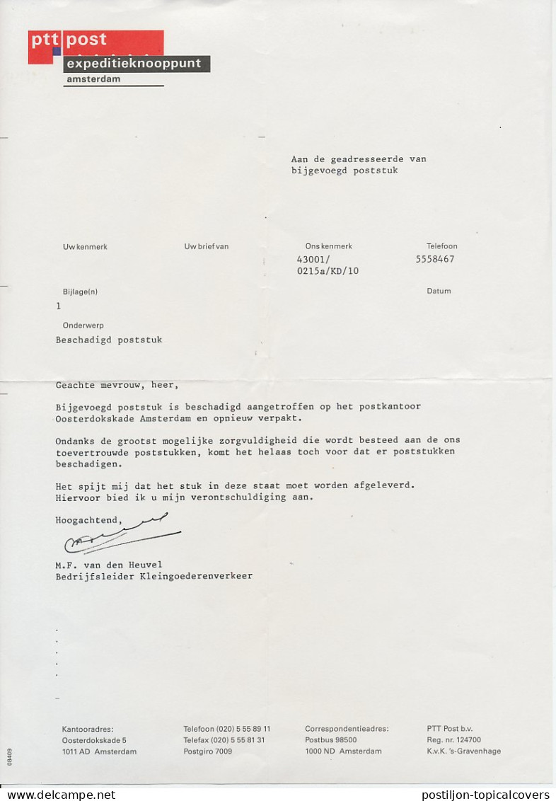 Beschadigd Aangetroffen Amsterdam 1990 -Inclusief Verklaring PTT - Ohne Zuordnung