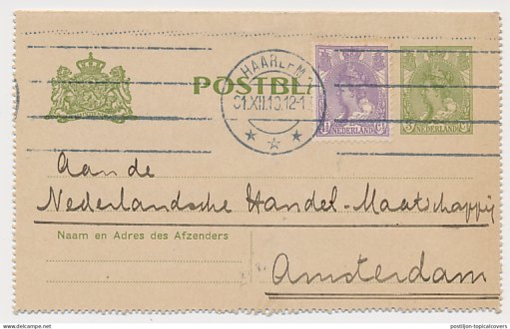 Postblad G. 13 / Bijfrankering Haarlem - Amsterdam 1919 - Postal Stationery