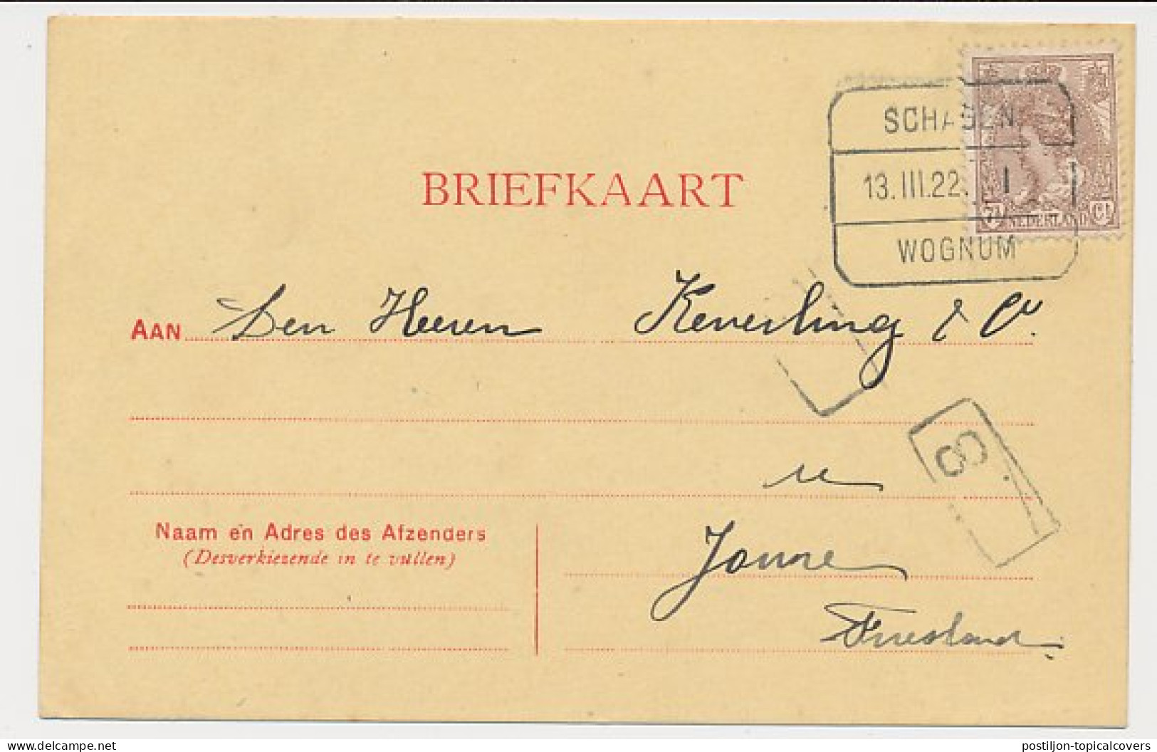 Treinblokstempel : Schagen - Wognum I 1922 ( Spanbroek ) - Unclassified