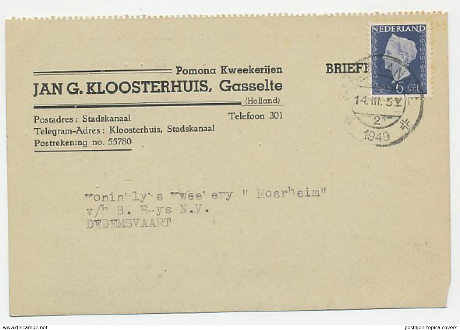 Firma Briefkaart Gasselte 1949 - Kwekerij  - Non Classés