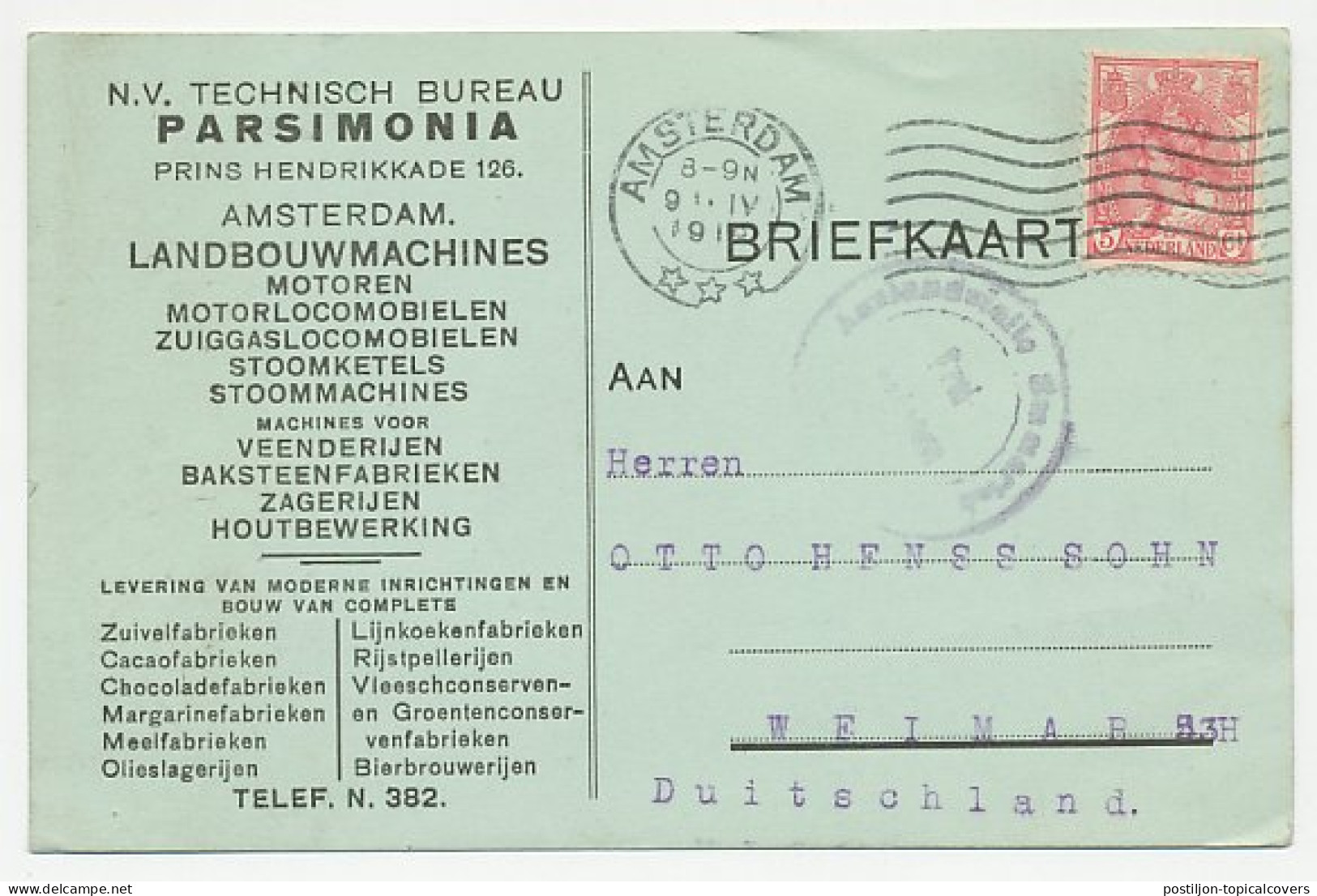 Firma Briefkaart Amsterdam 1919 - Landbouw / Motoren Etc. - Unclassified