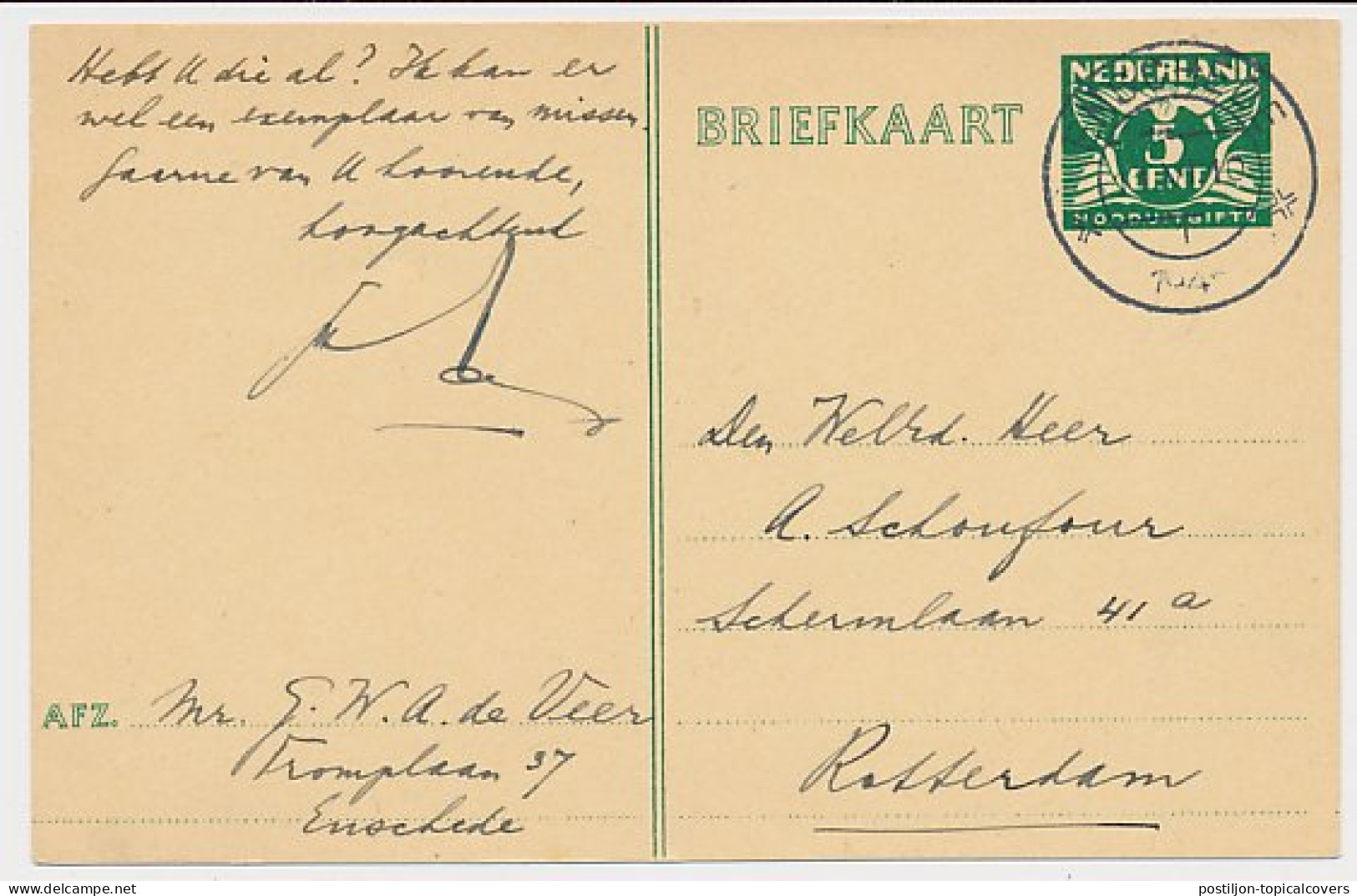 Briefkaart G. 277 F Enschede - Rotterdam 1945 - Postal Stationery