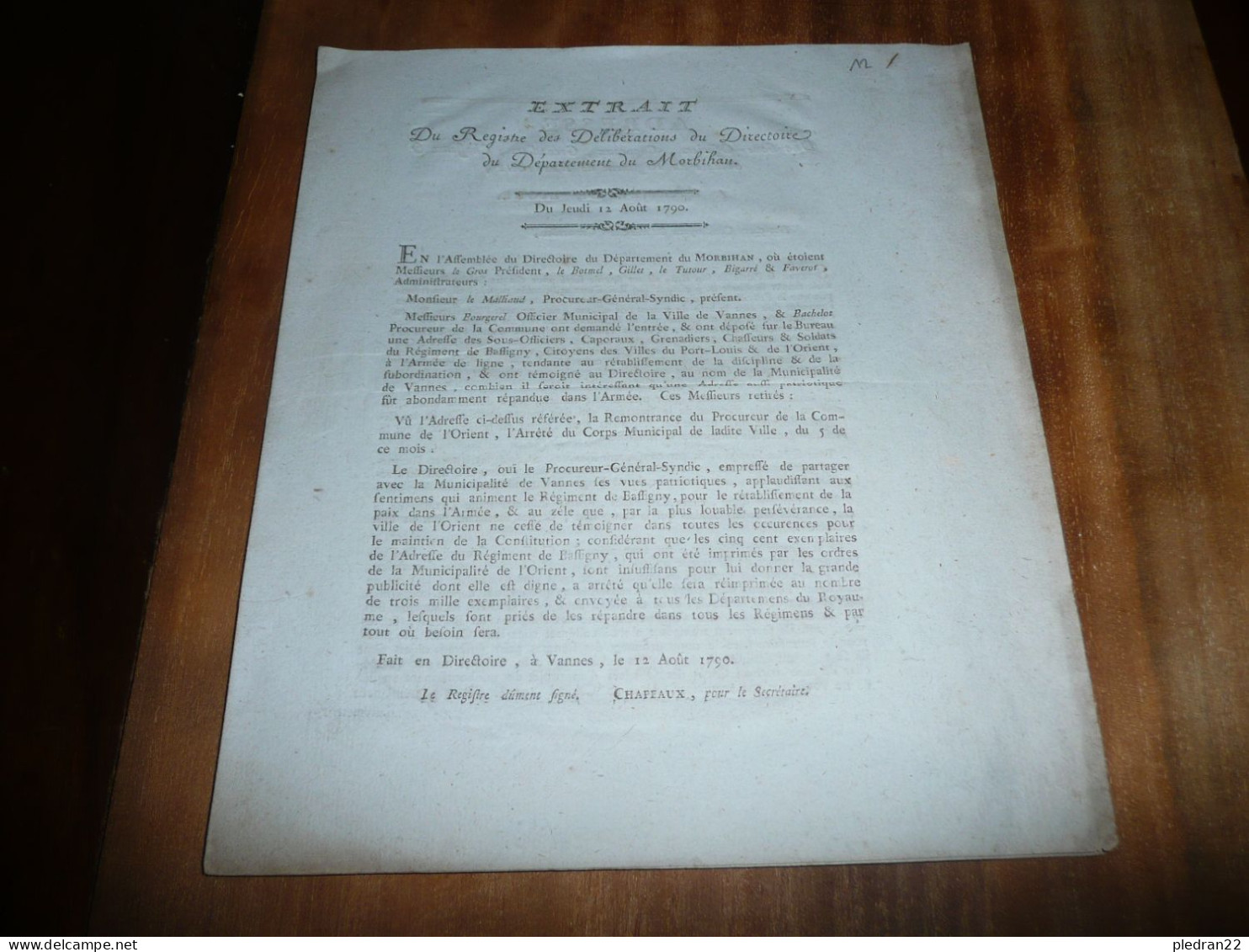 BRETAGNE MORBIHAN ADRESSE DU REGIMENT DE BASSIGNY A L'ARMEE DE LIGNE DE LIBERATION DU DIRECTOIRE JEUDI 12 AOUT 1790 - Historical Documents