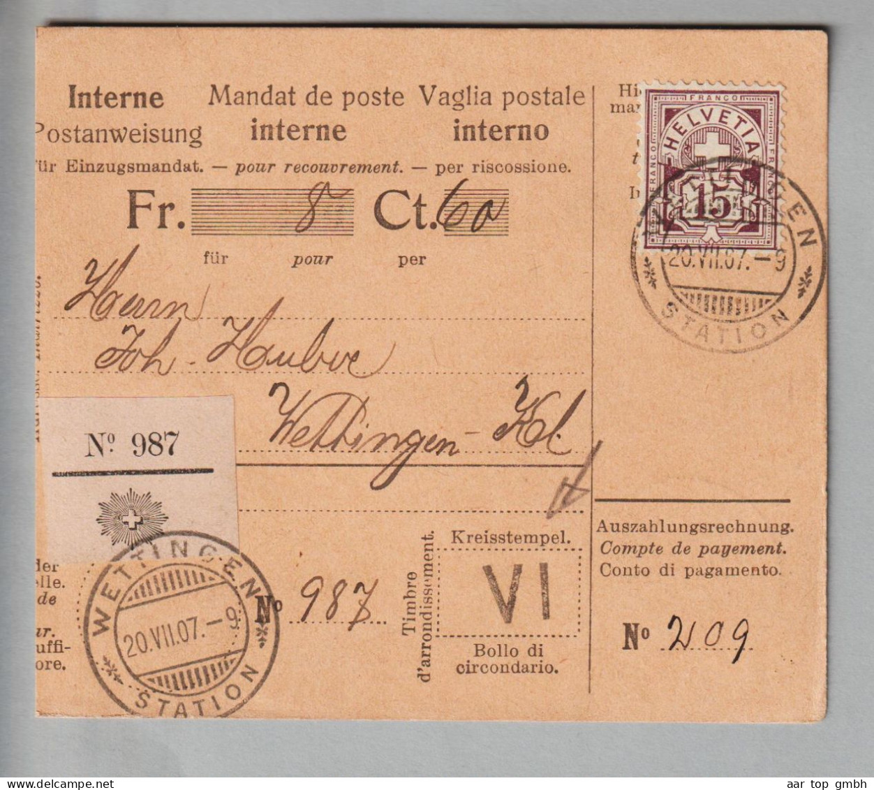 CH Heimat AG Wettingen 1907-07-20 Wertziffer 15Rp. SBK#85 Postanweisung - Briefe U. Dokumente