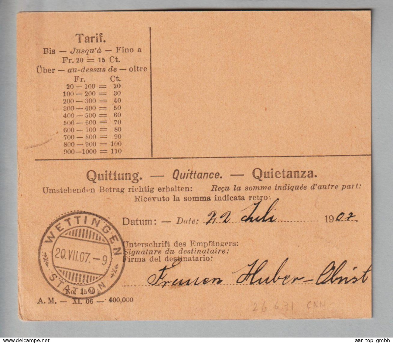 CH Heimat AG Wettingen 1907-07-20 Wertziffer 15Rp. SBK#85 Postanweisung - Lettres & Documents