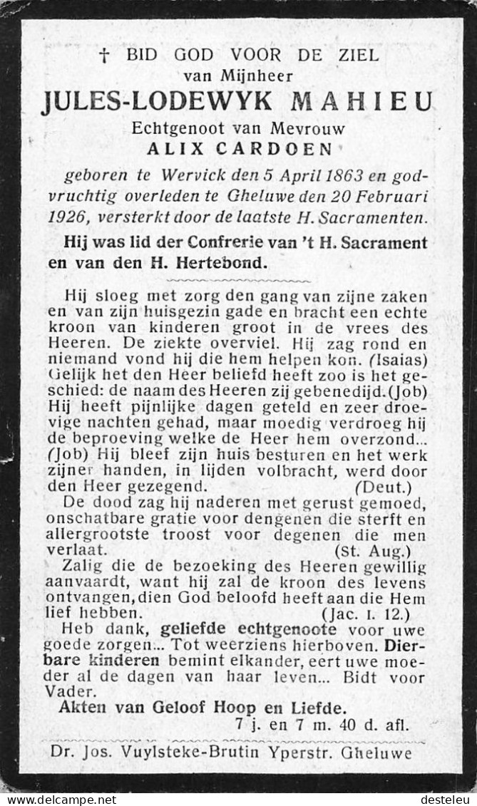 Doodsprentje / Image Mortuaire Jules Mahieu - Cardoen Wervik Geluwe 1863-1926 - Obituary Notices
