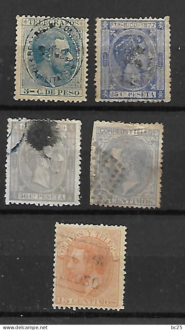 ESPAGNE -5 TRES BEAUX VIEUX TIMBRES OBLITERES - PAS EMINCE-DE 1875-82 - Used Stamps