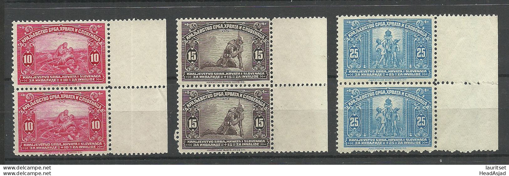 Jugoslavia SERBIEN SERBIA Croatia Slovenia 1921 Michel 159 - 161 As Pairs MNH F√ºr Die Kriegsbesch√§digten - Ungebraucht