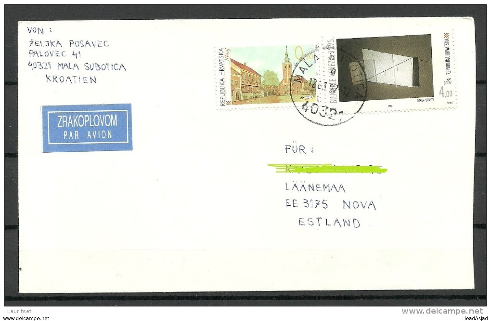 CROATIA HORVATIA Hrvatska 1997 Air Mail Cover To Estonia Estland - Croatia