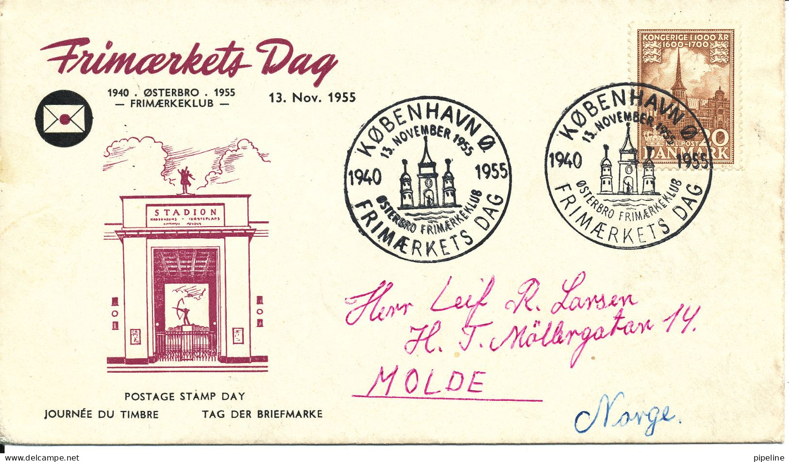 Denmark Cover Stamp's Day Copenhagen 13-11-1955 With Cachet Sent To Norway - Giornata Del Francobollo