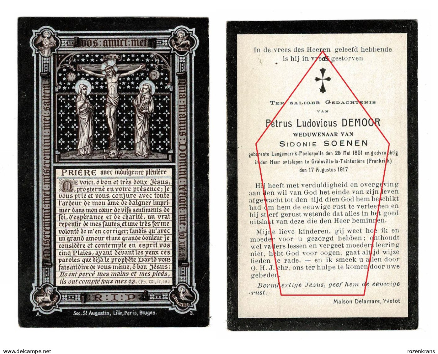 Petrus Demoor Sidonie Soenen Langemarck Poelcapelle Grainville La Tainturiere Frankrijk WOI WWI Doodsprentje Bidprentje - Obituary Notices