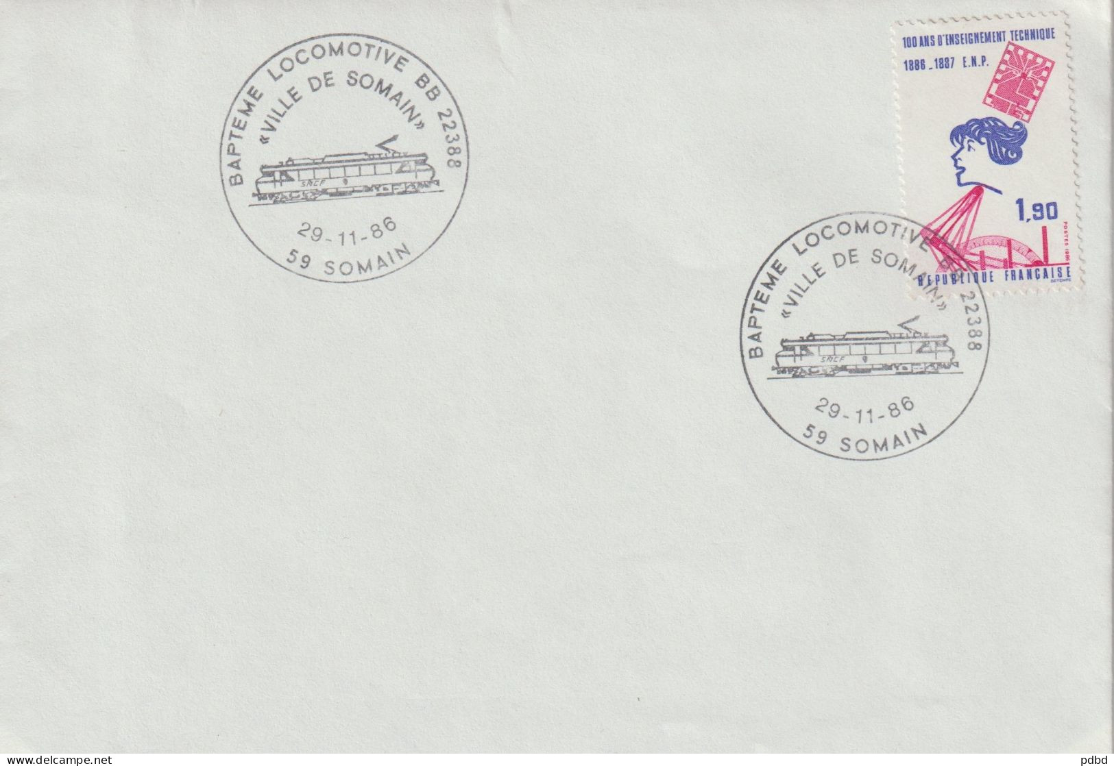 FT 19 . 59 . Somain . Baptême Loco BB 22388 . 29 11 1988 . Enveloppe . Oblitération . - Commemorative Postmarks