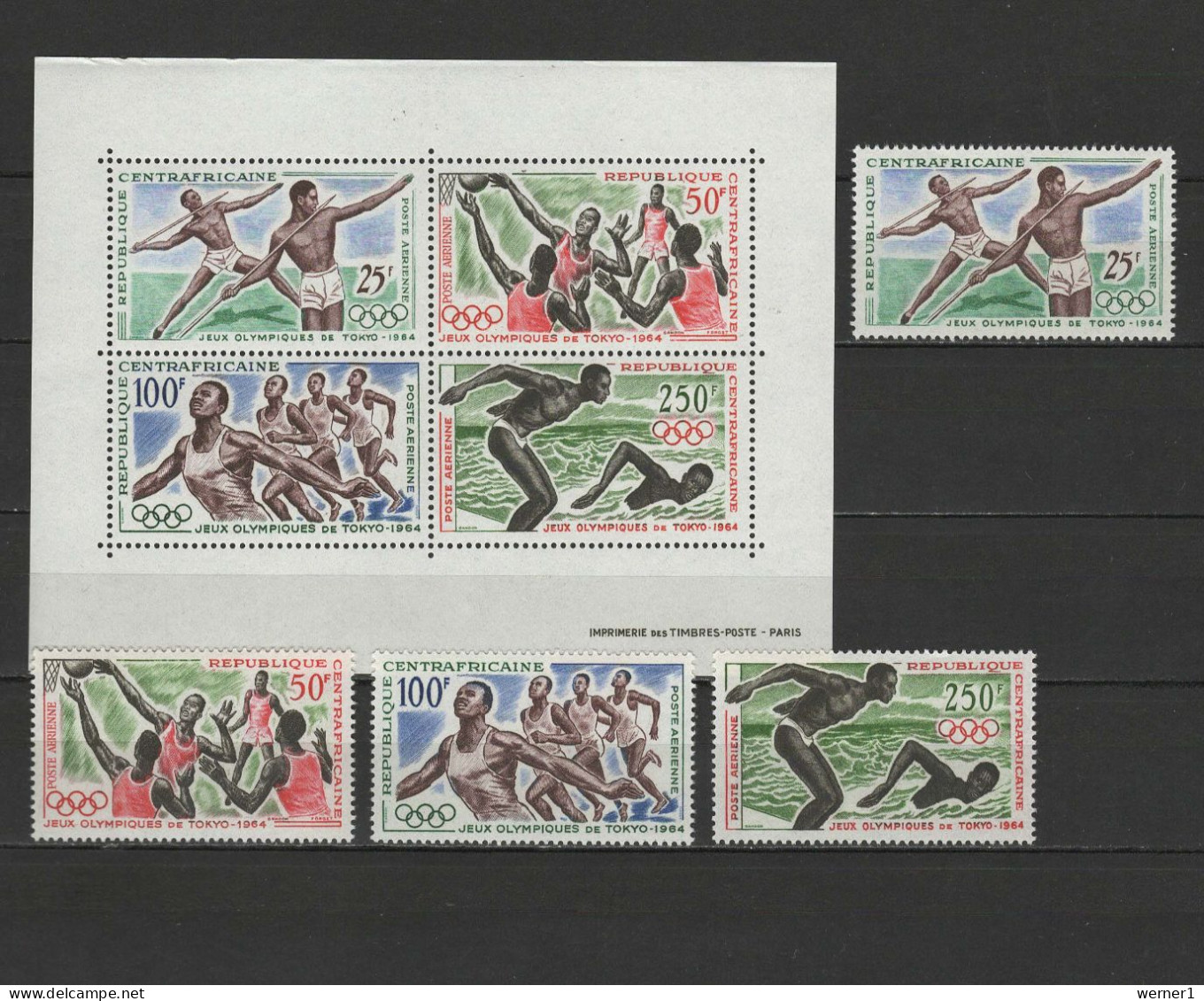 Central Africa 1964 Olympic Games Tokyo, Athletics, Swimming, Basketball Etc. Set Of 4 + S/s MNH - Summer 1964: Tokyo