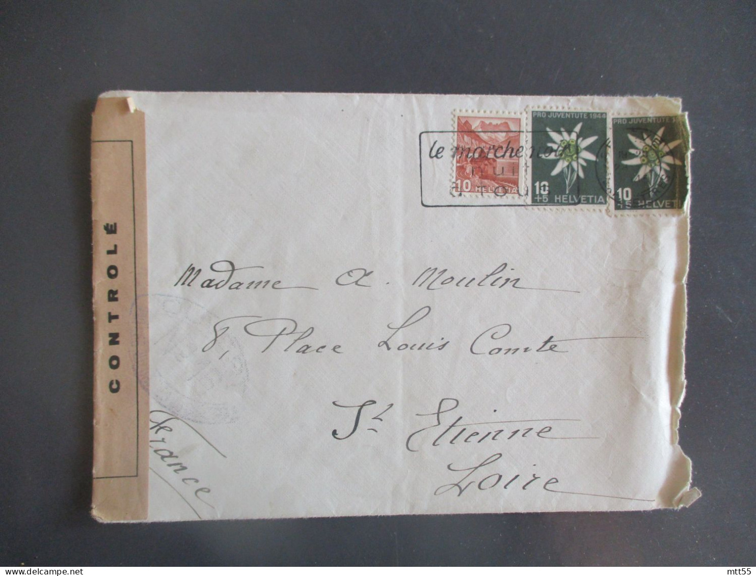 1944 LETTRE DE SUISSE TIMBRE PRO JUVENTUTE OUVERTURE CENSURE MILITAIRE POUR ST ETIENNE - 1921-1960: Modern Period