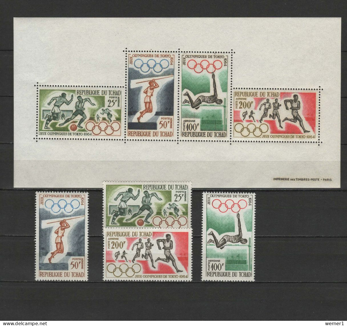 Chad - Tchad 1964 Olympic Games Tokyo, Football Soccer, Athletics Etc. Set Of 4 + S/s MNH - Sommer 1964: Tokio