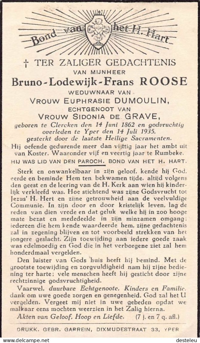 Doodsprentje / Image Mortuaire Bruno Roose - Dumoulin De Grave Klerken Ieper 1862-1935 - Obituary Notices