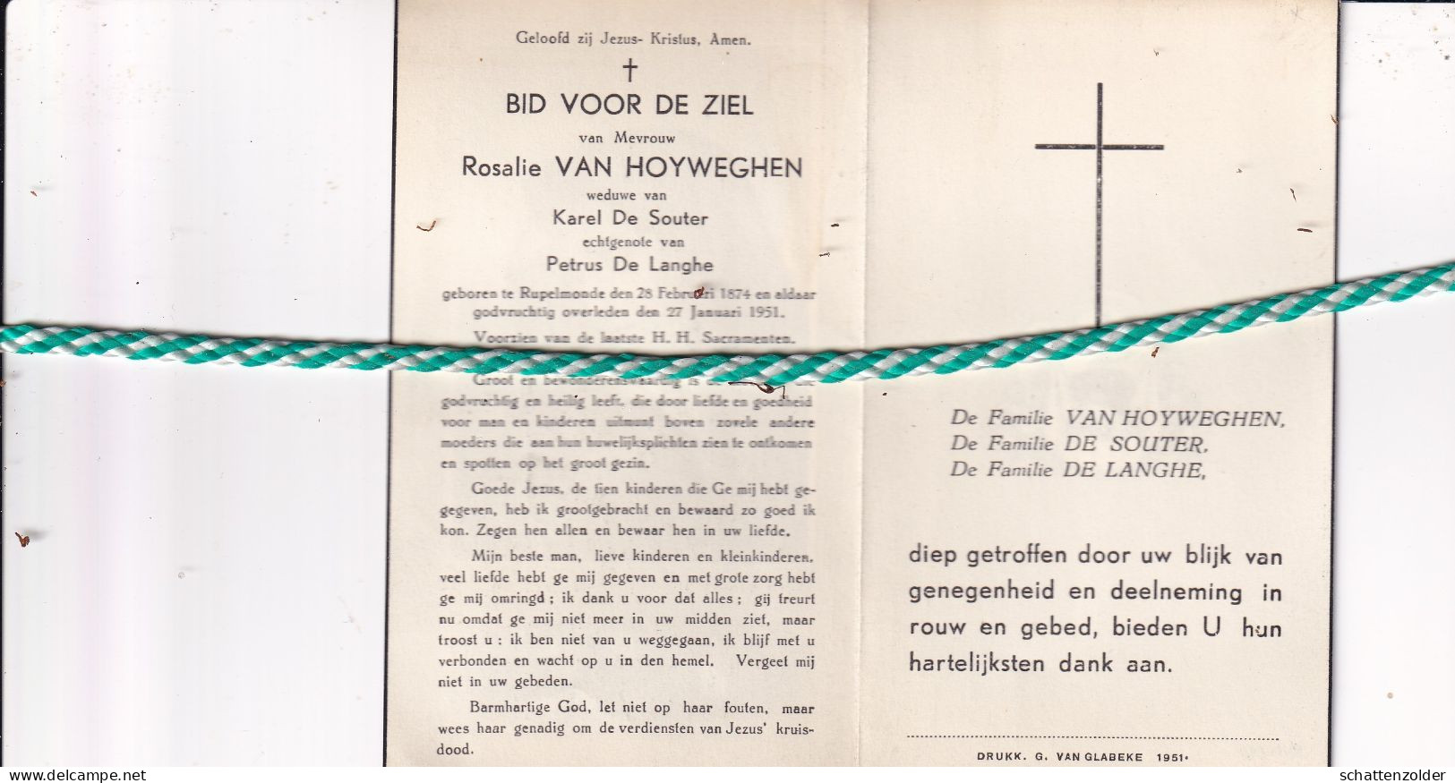 Rosalie Van Hoyweghen-De Souter-De Langhe, Rupelmonde 1874, 1951 - Overlijden