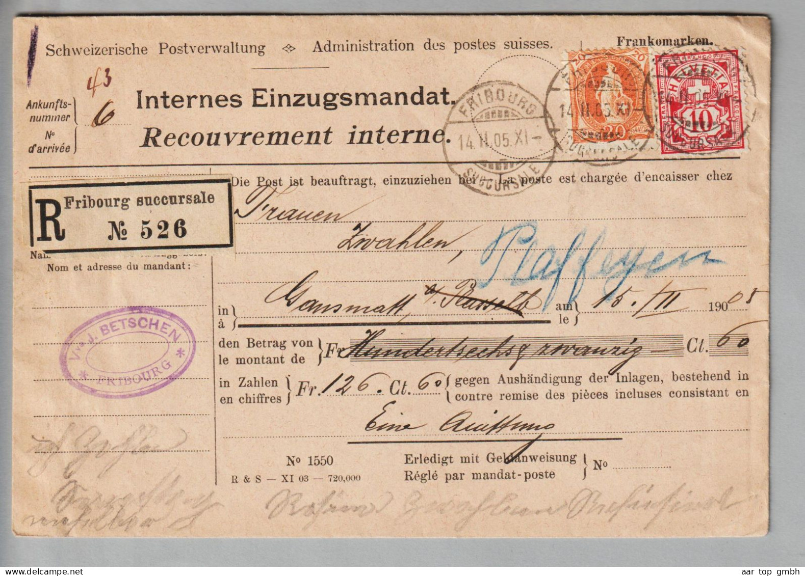 CH Heimat FR Fribourg 1905-02-14 Einzugsmandat Mit 20Rp Stehende H.+ 5Rp. Wertziffer - Brieven En Documenten