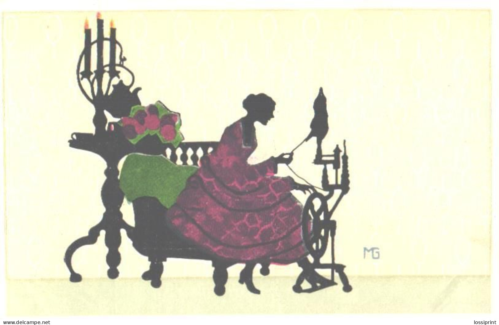 MG Signed, Lady Working With Spinning Wheel, Pre 1940 - Silhouette - Scissor-type