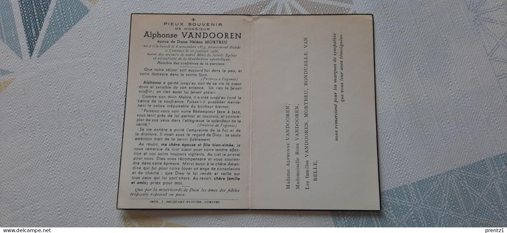 Alphonse Vandooren Geb.Gheluvelt 6/11/1874- Getr. H. Mortreu - Gest. Komen 10/01/1958 - Devotieprenten