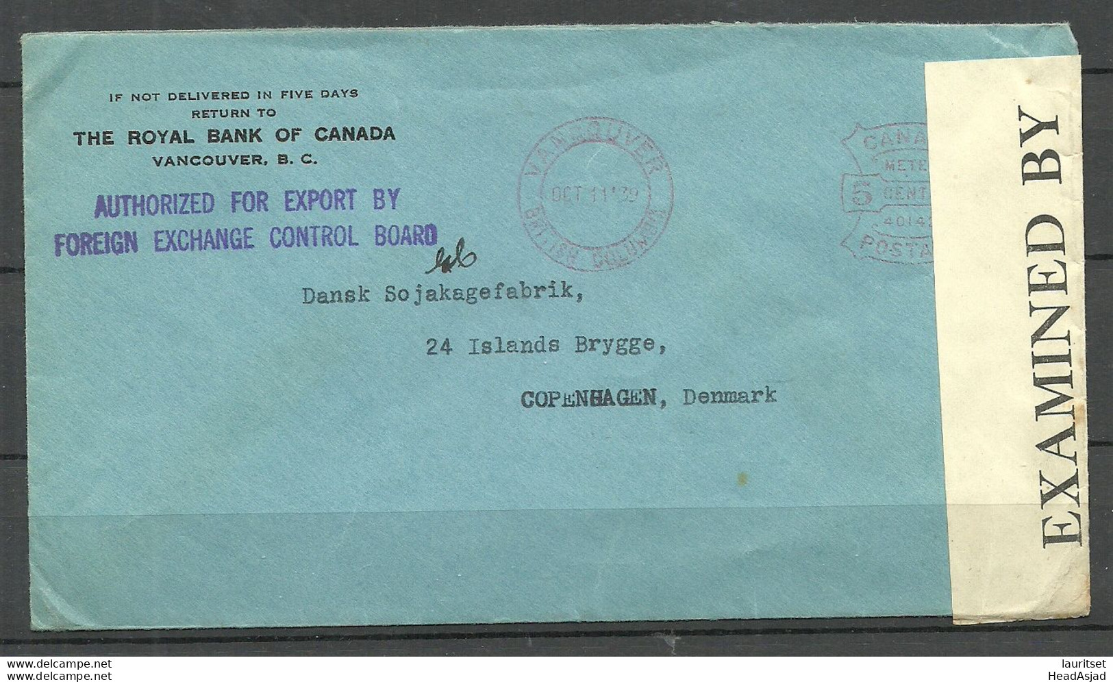 CANADA Kanada 1939 Royal Bank Of Canada Meter Cancel Cover O Vancouver To Denmark Examined By Censor - Covers & Documents