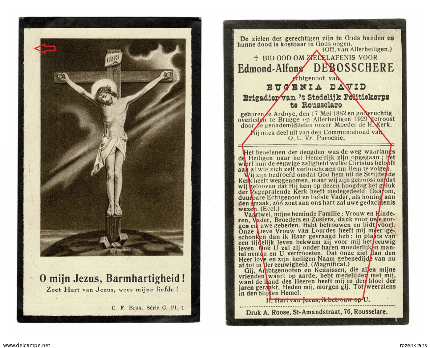 Edmond Debosschere Eugenia David Brigadier Politiekorps Roeselare Ardooie Brugge Ardoye Doodsprentje Bidprentje - Obituary Notices