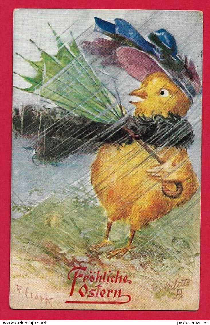 AE838 FANTAISIES OISEAUX HABILLES HUMANISES JOLIE POULETTE DANS LA TOURMENTE CHAPEAU RUBAN PARAPLUIE BOA CARTE POSTALE O - Dressed Animals