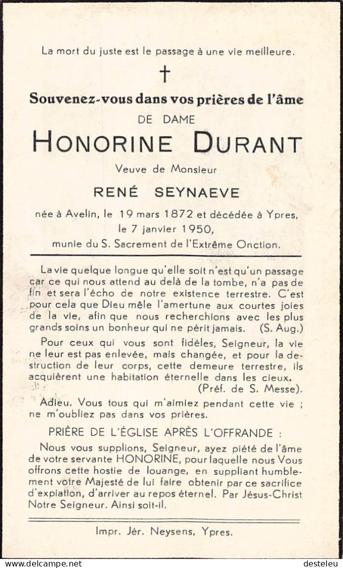 Doodsprentje / Image Mortuaire Honorine Durant - Seynaeve Avelin Ieper 1872-1950 - Todesanzeige
