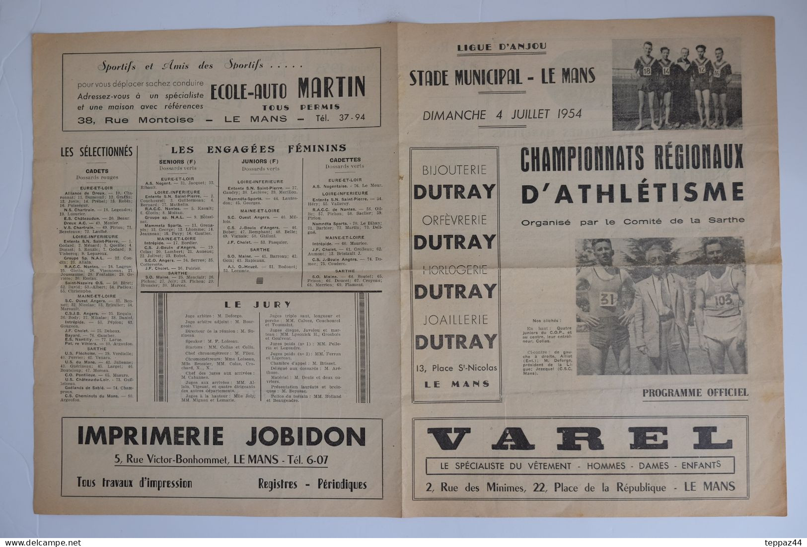 PROGRAMME LE MANS 72 CHAMPIONNAT D'ATHLETISME 1954 PUB VAREL VETEMENT DUTRAY BIJOUTIER SARTHE LIGUE ANJOU - Le Mans