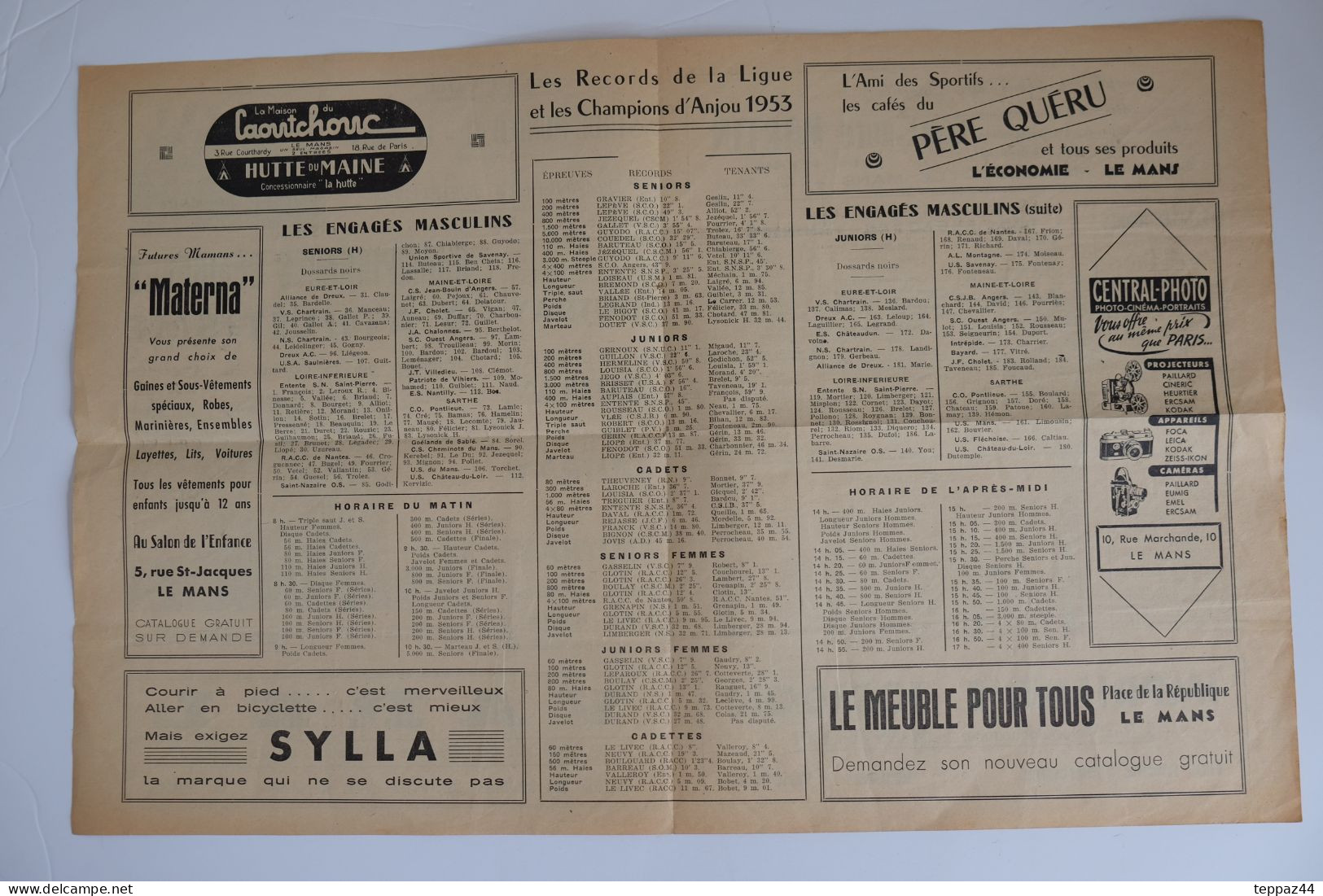 PROGRAMME LE MANS 72 CHAMPIONNAT D'ATHLETISME 1954 PUB VAREL VETEMENT DUTRAY BIJOUTIER SARTHE LIGUE ANJOU - Le Mans