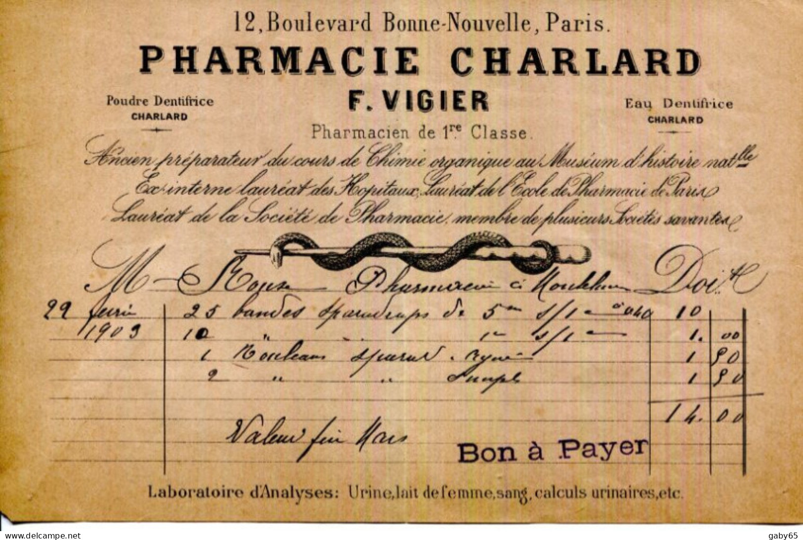 FACTURE.PARIS.PHARMACIE CHARLARD.F.VIGIER PHARMACIEN DE 1 Re.CLASSE 12 BOULEVARD BONNE NOUVELLE. - Drogisterij & Parfum