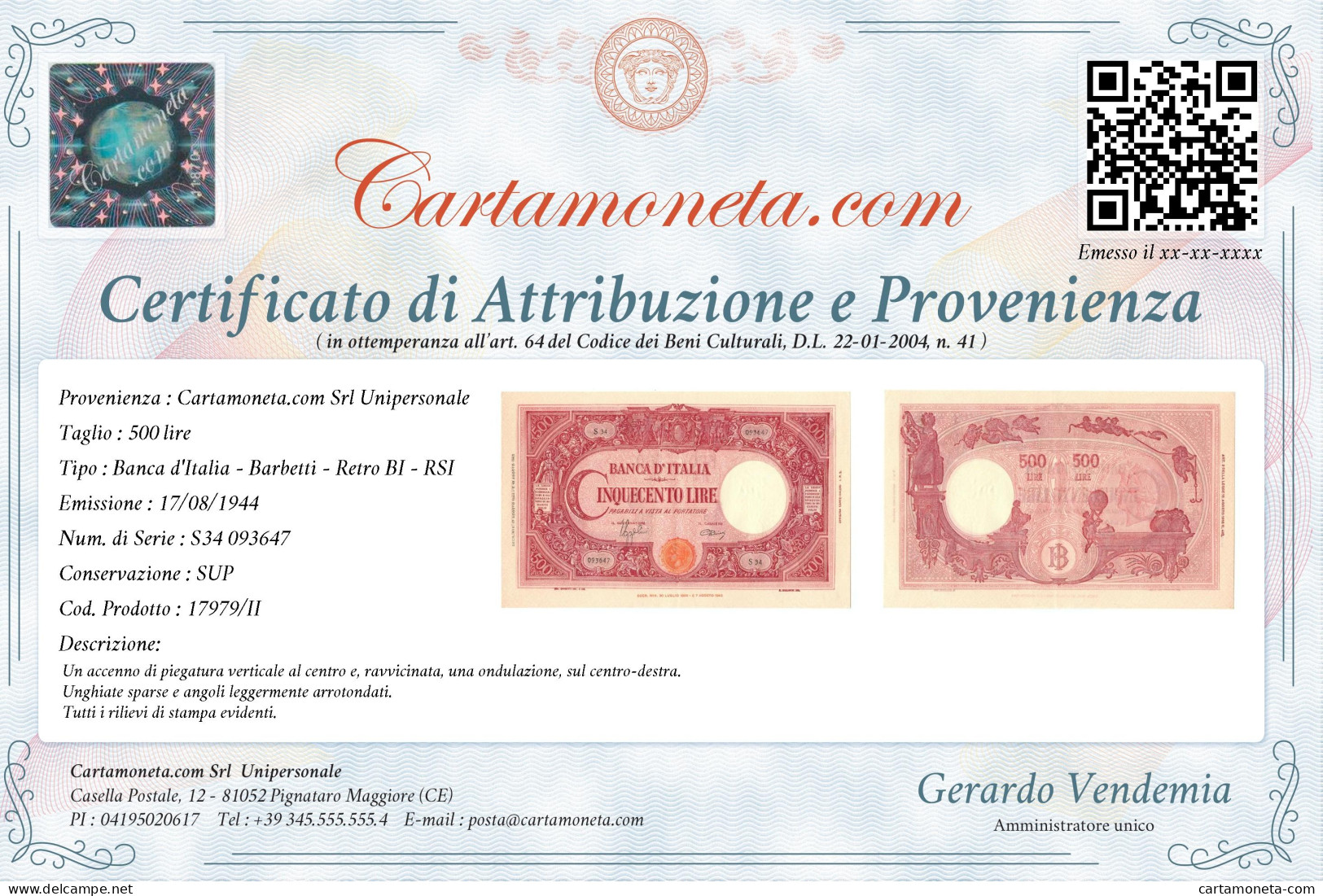 500 LIRE BARBETTI GRANDE C TESTINA RETRO BI RSI 17/08/1944 SUP - Andere